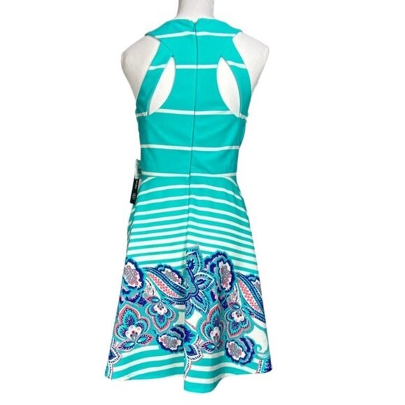 As U Wish Cut Out Skater Dress Mini Flare Stripe Floral White Teal Junior Large - Picture 3 of 16